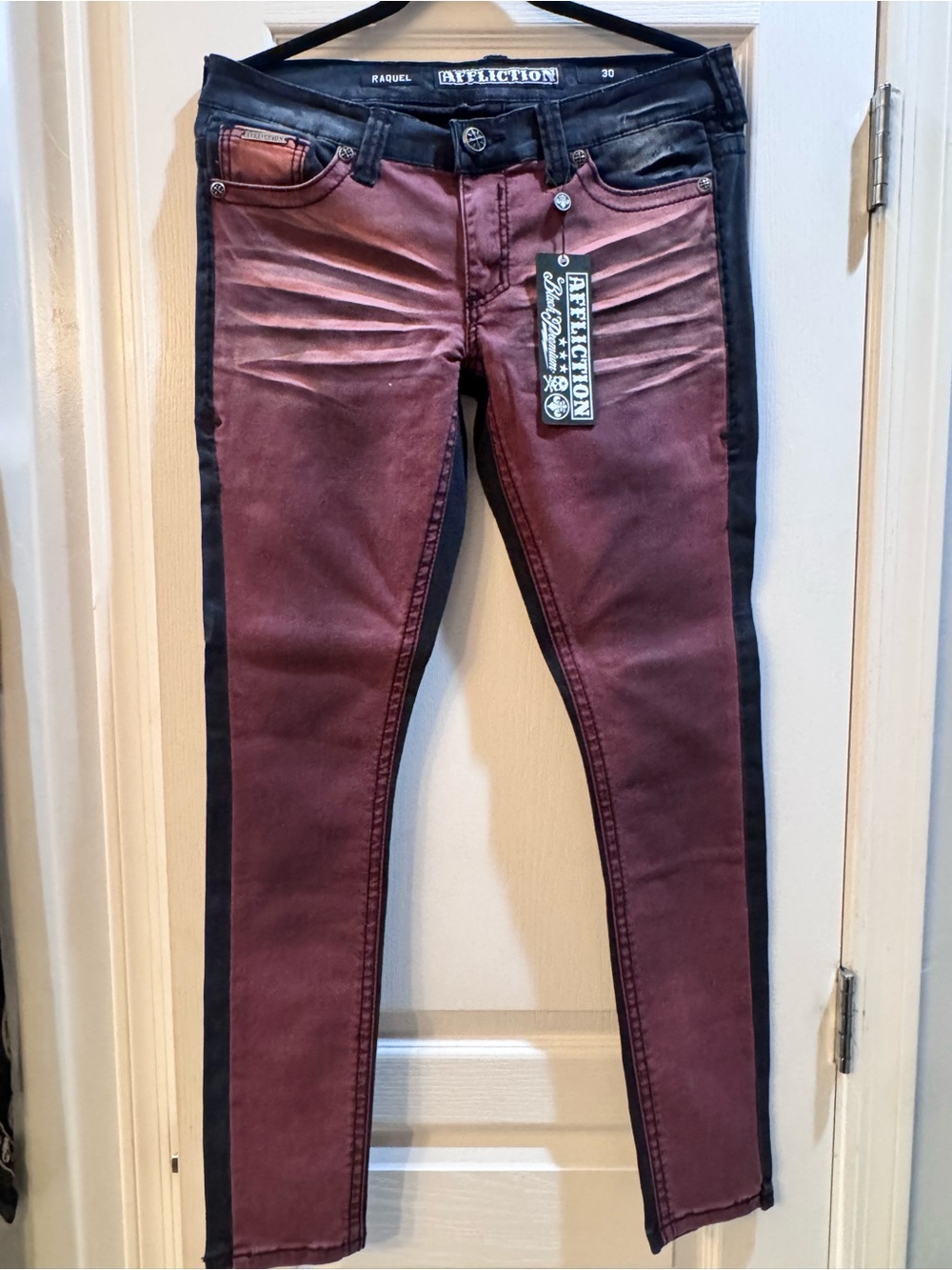 Affliction Women's Burgundy Skinny Jeans with Black Side Stripes